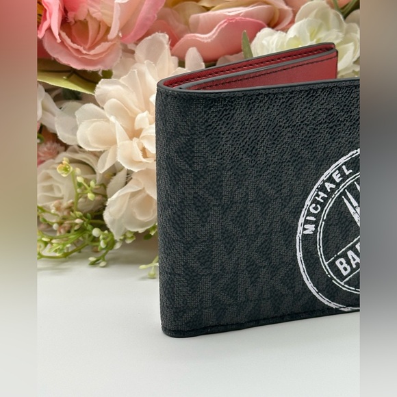 Michael Kors Men’s  Monogram Barcelona Billfold Wallet Black Scarlet - Picture 4 of 13